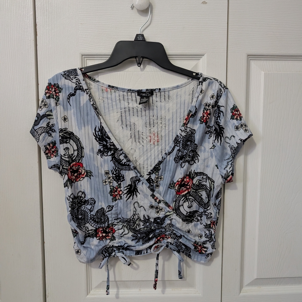 Rue21 Floral Wrap Blouse - Light Blue and Red